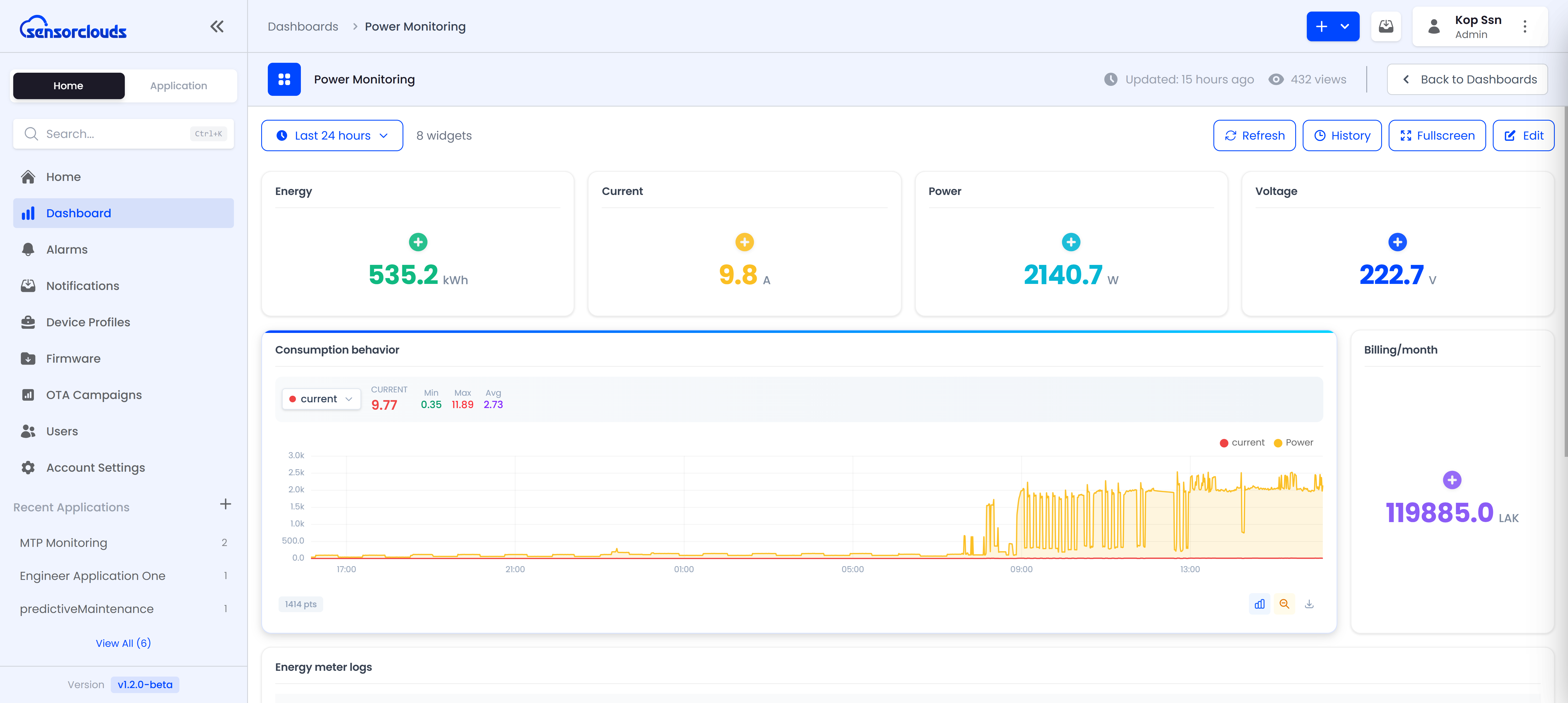 Power Monitoring dashboard with energy consumption, billing, and real-time charts